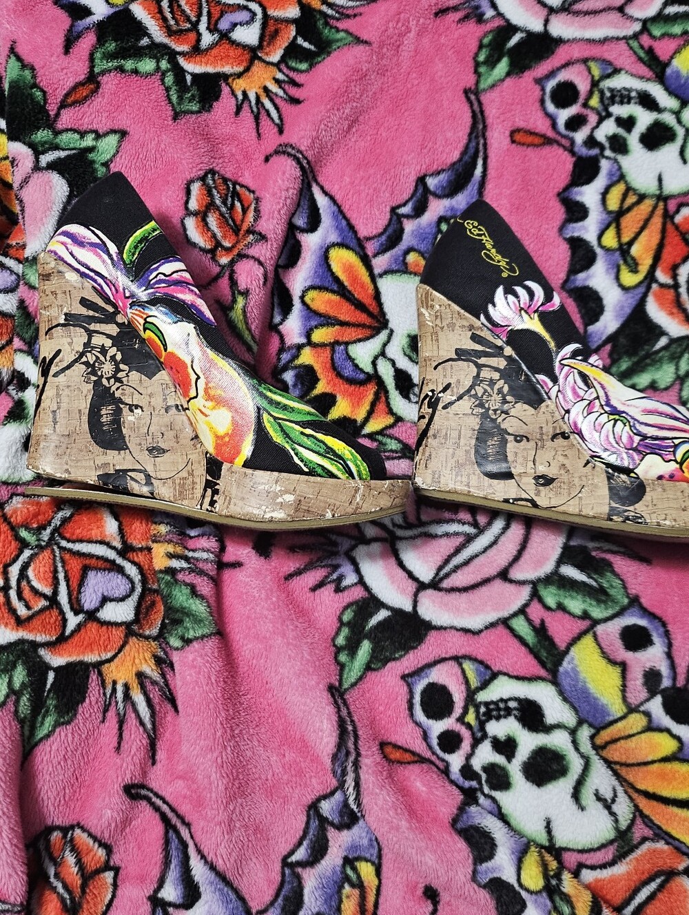 Floral Cork Wedge Sandals - Pink Multicolor